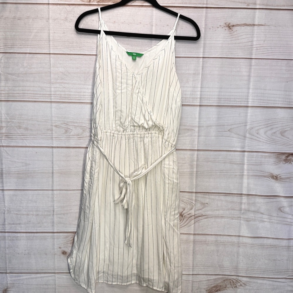 Dip Womens XL White Pinstripe Faux Wrap Sleeveless Midi Dress Rayon Tie Waist